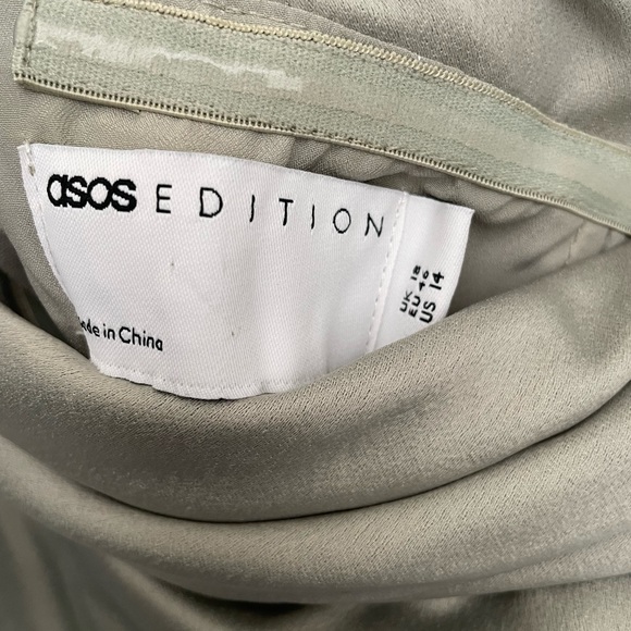 ASOS EDITION satin bardot drape wrap maxi dress in sage green - Picture 5 of 6